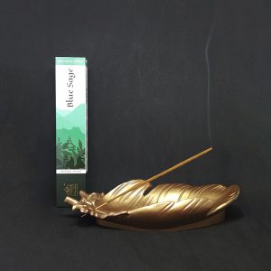 Encens Himalaya Sauge Bleue – boîte d’encens et bâton en train de brûler