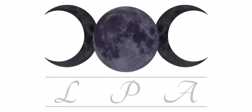 Logo de la boutique ésotérique Les Poèmes de l'Âme avec triple lune noir et violet et lettrage argenté